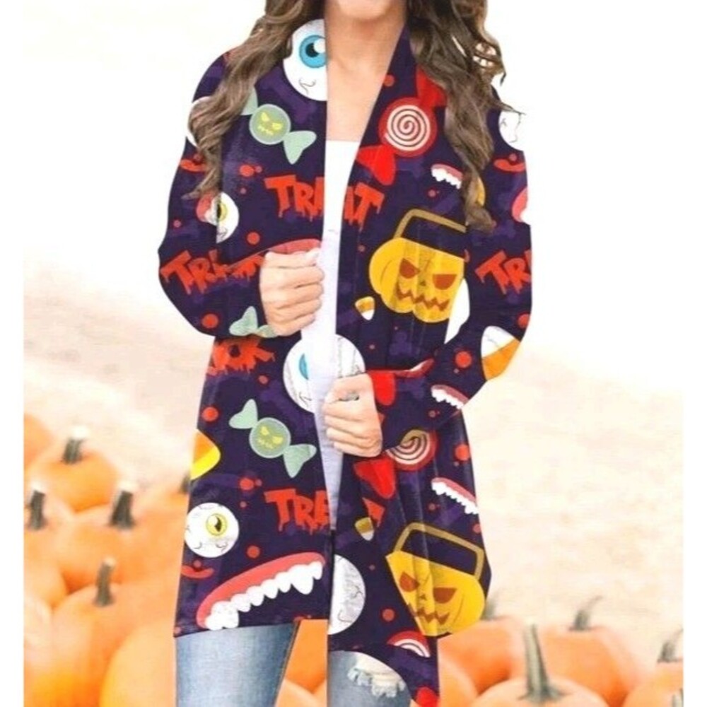 Fashion Cardigan Halloween Themed Women's Size XXL Purple Pumpkins Fun Festive